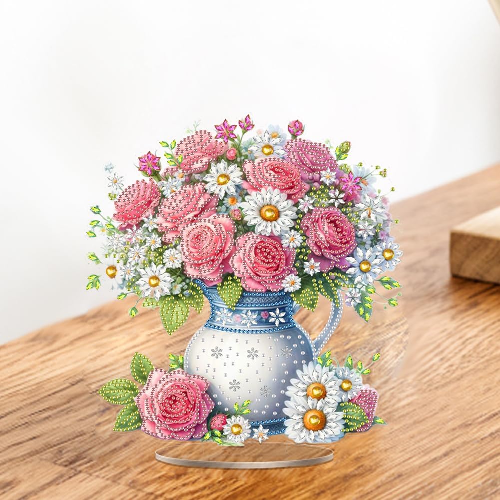 DIY Acrylic Pink Rose Bouquet Diamond Art Painting Tabletop Decor Kit - Creative Desktop Decoration for Home Desk, Pressure Relief Craft Gift for Women