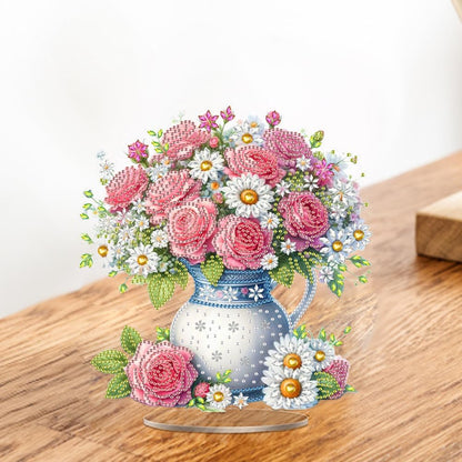 DIY Acrylic Pink Rose Bouquet Diamond Art Painting Tabletop Decor Kit - Creative Desktop Decoration for Home Desk, Pressure Relief Craft Gift for Women