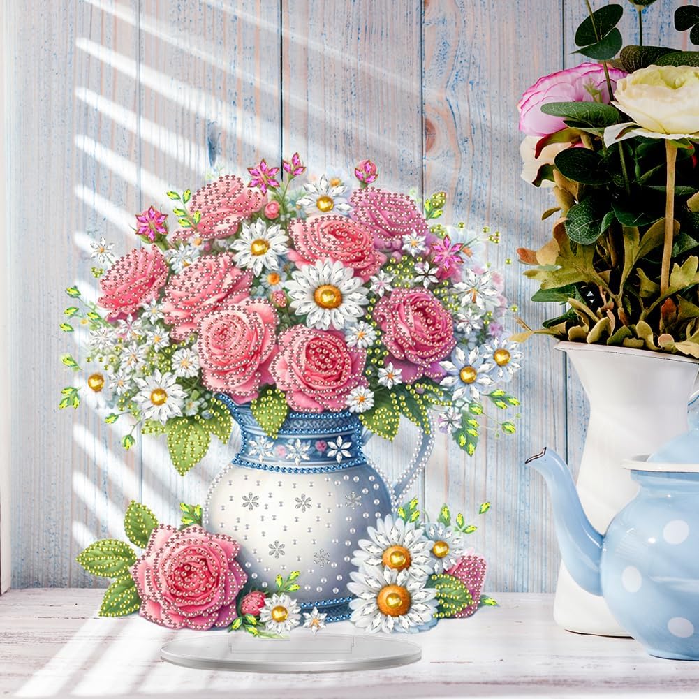DIY Acrylic Pink Rose Bouquet Diamond Art Painting Tabletop Decor Kit - Creative Desktop Decoration for Home Desk, Pressure Relief Craft Gift for Women
