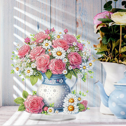 DIY Acrylic Pink Rose Bouquet Diamond Art Painting Tabletop Decor Kit - Creative Desktop Decoration for Home Desk, Pressure Relief Craft Gift for Women