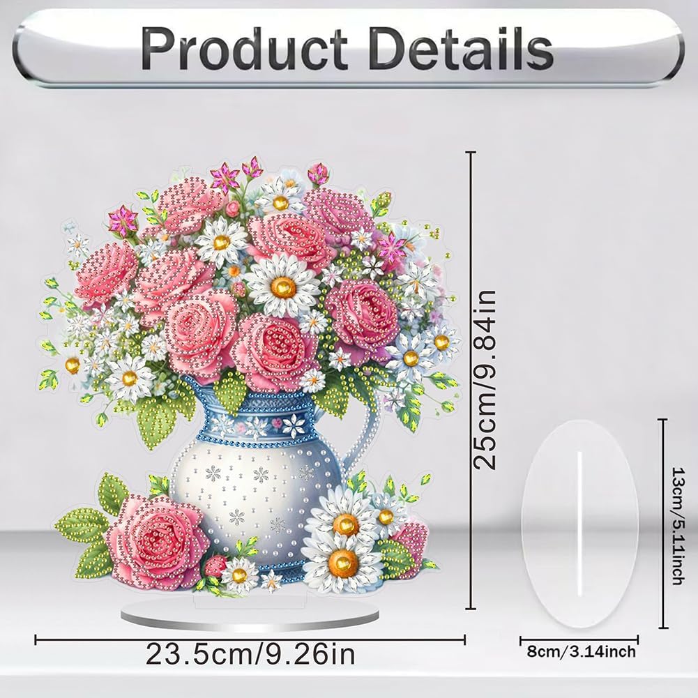 DIY Acrylic Pink Rose Bouquet Diamond Art Painting Tabletop Decor Kit - Creative Desktop Decoration for Home Desk, Pressure Relief Craft Gift for Women