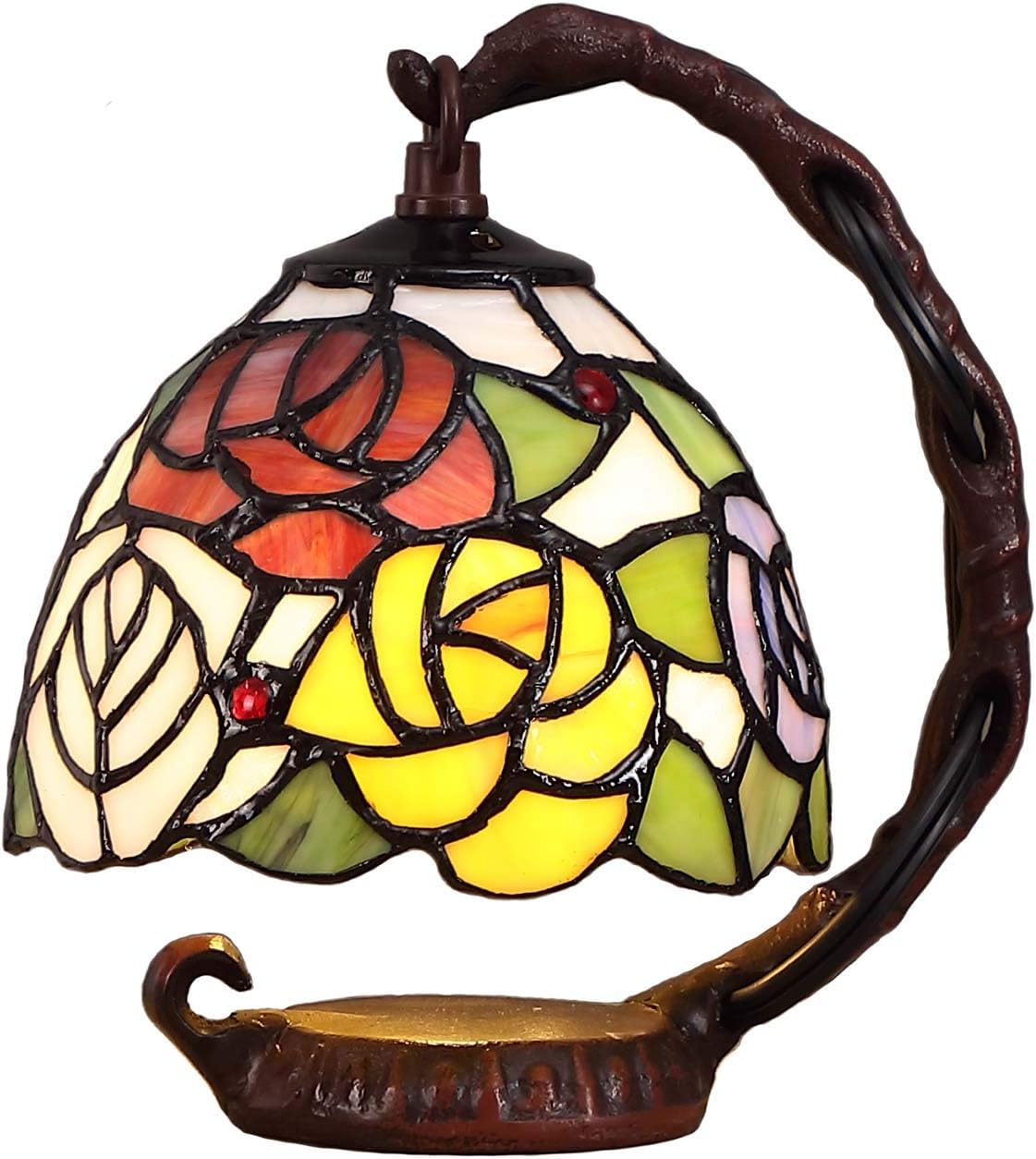 L10036 Rose Tiffany Style Stained Glass Table Lamp with 6-inch Wide Lampshade Hanging on The Cast Iron Base (Pink)