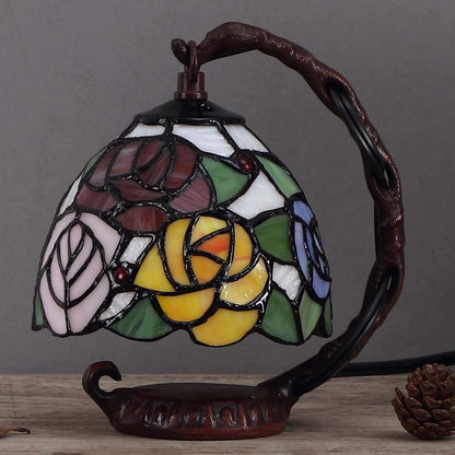L10036 Rose Tiffany Style Stained Glass Table Lamp with 6-inch Wide Lampshade Hanging on The Cast Iron Base (Pink)