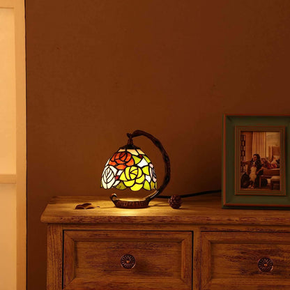 L10036 Rose Tiffany Style Stained Glass Table Lamp with 6-inch Wide Lampshade Hanging on The Cast Iron Base (Pink)