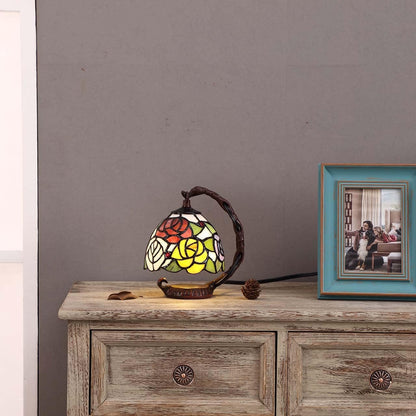 L10036 Rose Tiffany Style Stained Glass Table Lamp with 6-inch Wide Lampshade Hanging on The Cast Iron Base (Pink)