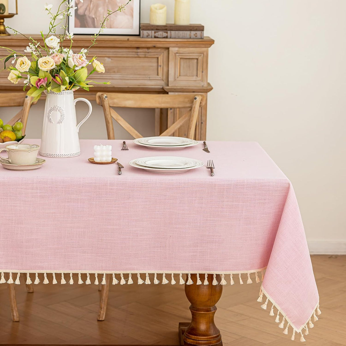 Valentines Textured Tablecloth, Heavy Duty Linen Style Farmhouse Table Cloth Rectangle Tables, Wrinkle-Free Washable Waterproof Table Cover for Kitchen, Dining, Parties, 55"x75", Pink