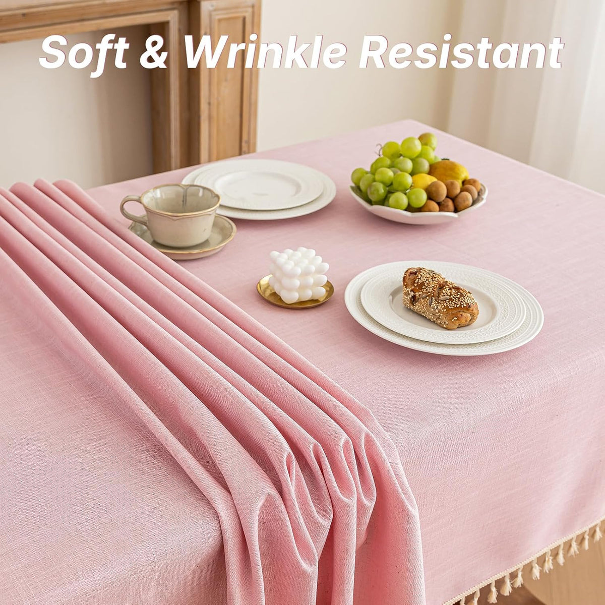 Valentines Textured Tablecloth, Heavy Duty Linen Style Farmhouse Table Cloth Rectangle Tables, Wrinkle-Free Washable Waterproof Table Cover for Kitchen, Dining, Parties, 55"x75", Pink