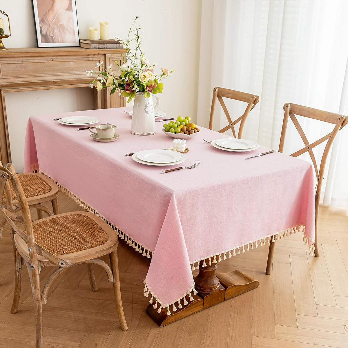 Valentines Textured Tablecloth, Heavy Duty Linen Style Farmhouse Table Cloth Rectangle Tables, Wrinkle-Free Washable Waterproof Table Cover for Kitchen, Dining, Parties, 55"x75", Pink