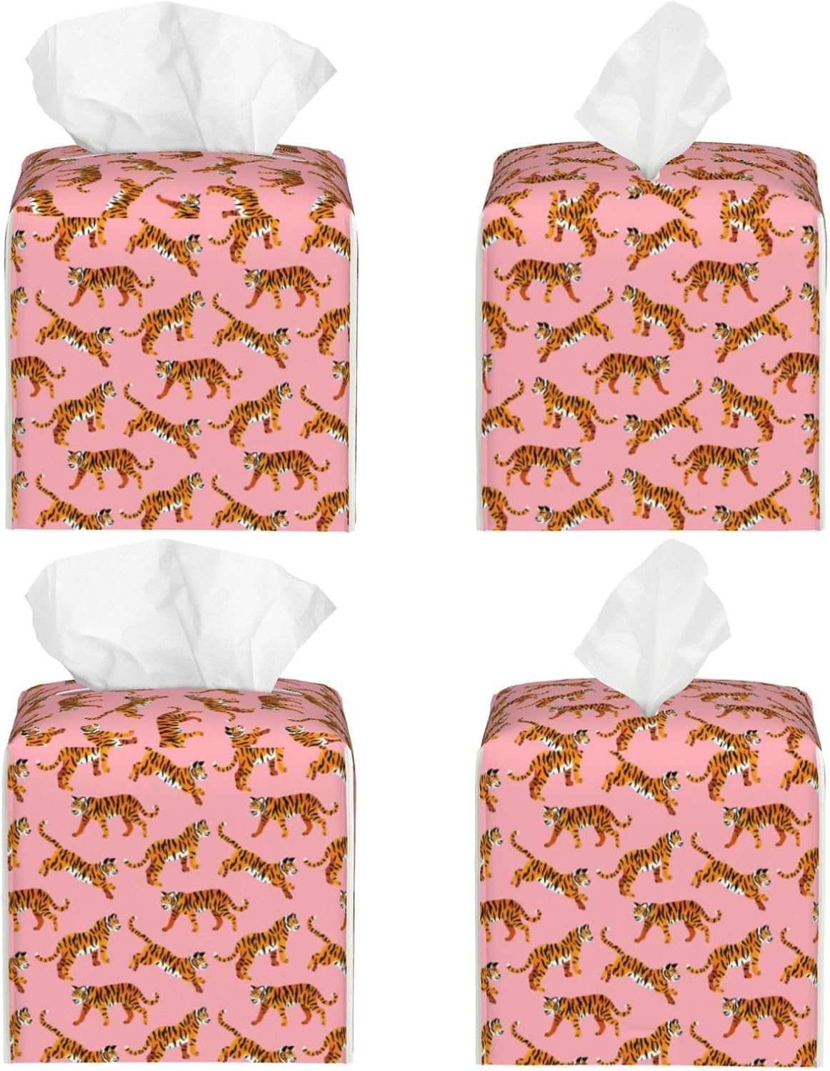 Pink Tigers Tissue Box Cover Square Pu Leather Tissue Holder Facial Tissue Case Facial Paper Organizer Dispenser for Home Bedroom Dresser Night Stand Office Desk Car