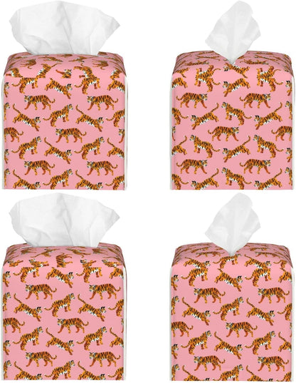 Pink Tigers Tissue Box Cover Square Pu Leather Tissue Holder Facial Tissue Case Facial Paper Organizer Dispenser for Home Bedroom Dresser Night Stand Office Desk Car