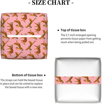 Pink Tigers Tissue Box Cover Square Pu Leather Tissue Holder Facial Tissue Case Facial Paper Organizer Dispenser for Home Bedroom Dresser Night Stand Office Desk Car