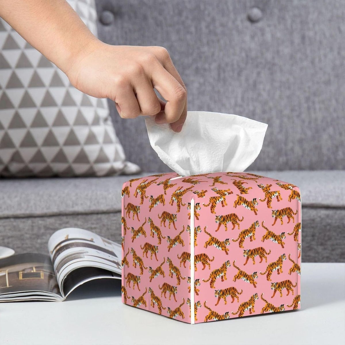 Pink Tigers Tissue Box Cover Square Pu Leather Tissue Holder Facial Tissue Case Facial Paper Organizer Dispenser for Home Bedroom Dresser Night Stand Office Desk Car