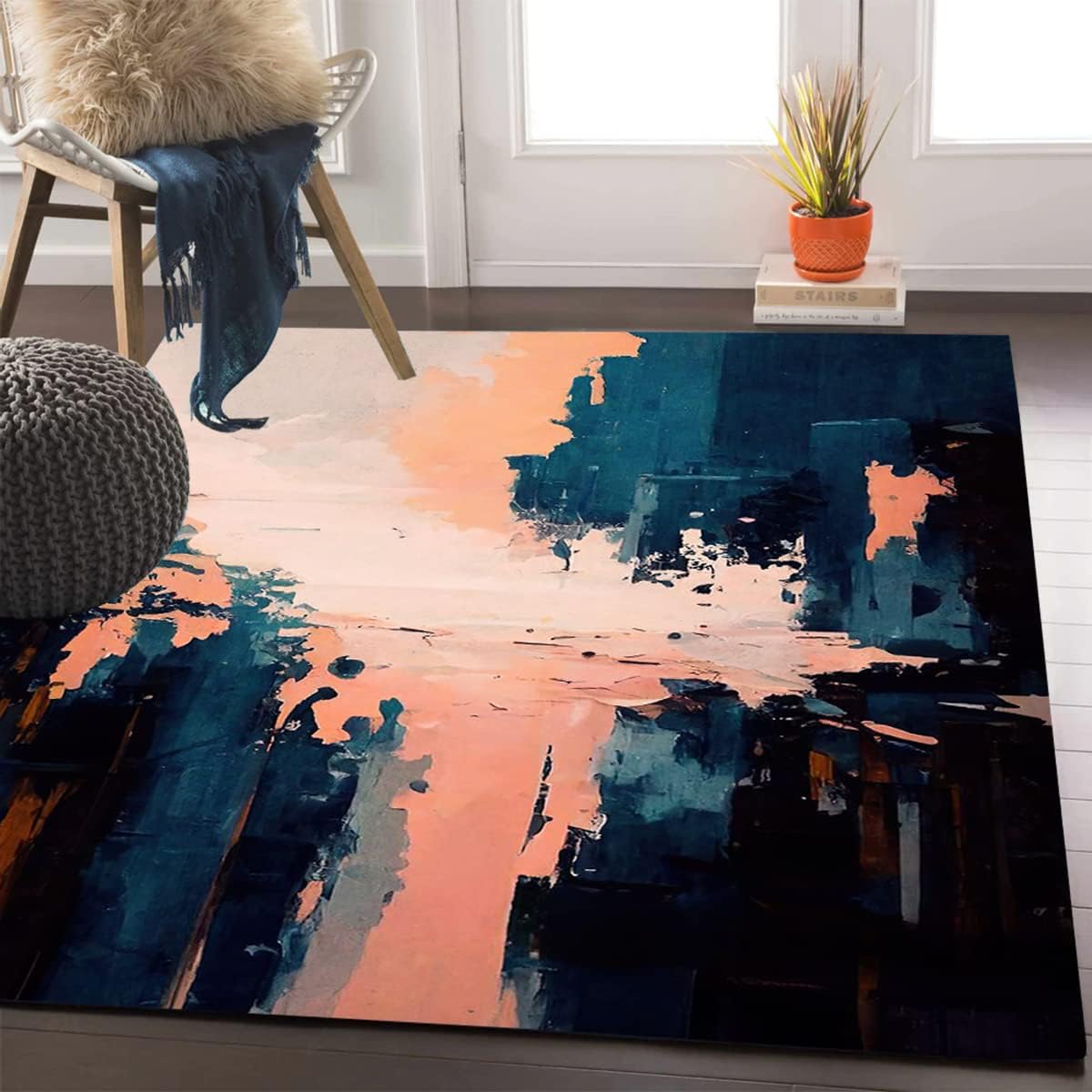 Navy Blue Peach Pink Retro Abstract Area Rug for Living Room Bedroom Dining Room Modern Contemporary Washable Carpet 6x8 Home Office Soft Kitchen Runner Rug