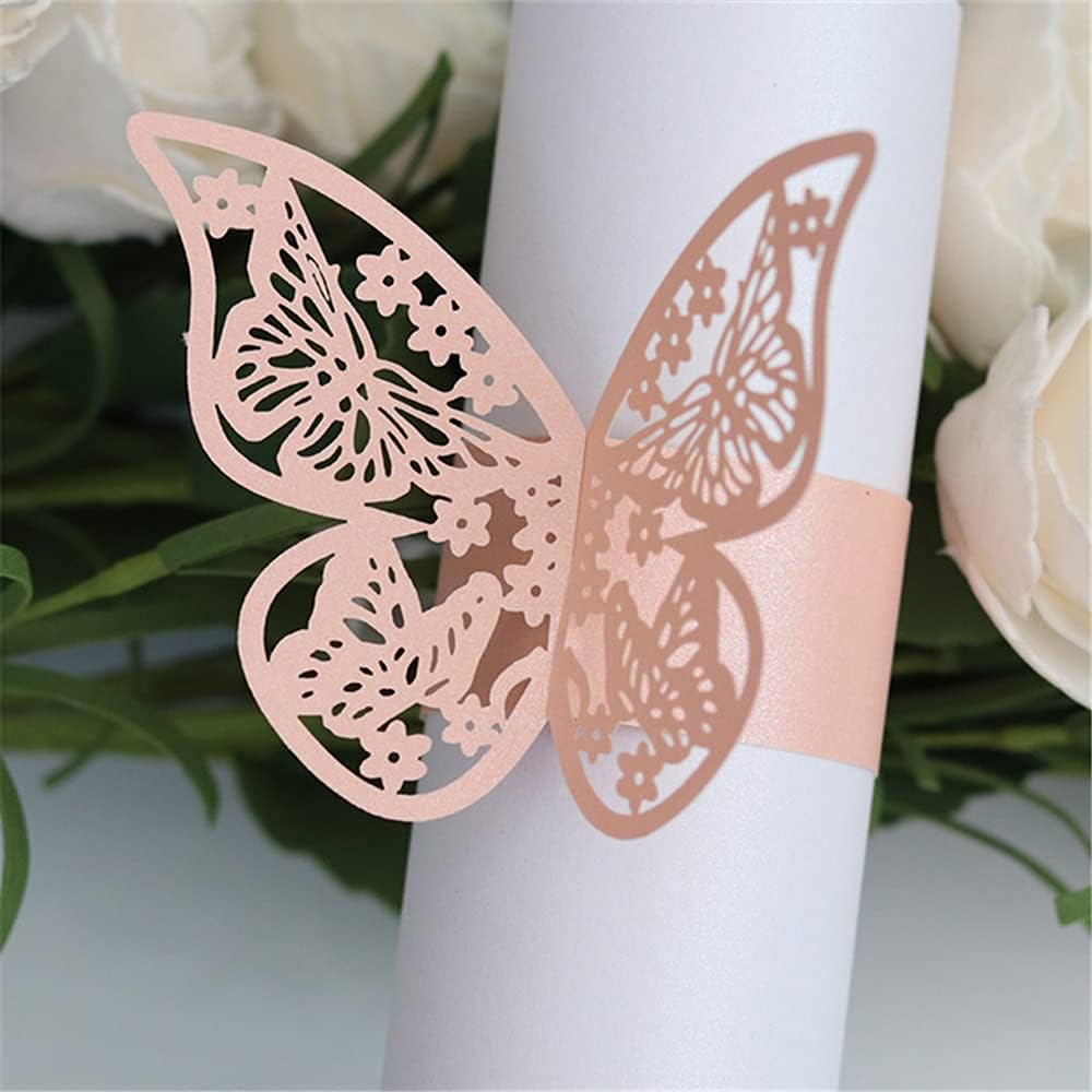 100pcs 3D New Butterfly Paper Napkin Rings Weddings Party Serviette Table Decoration Restaurant (Pink)