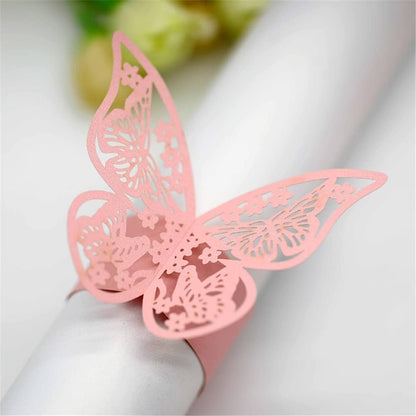 100pcs 3D New Butterfly Paper Napkin Rings Weddings Party Serviette Table Decoration Restaurant (Pink)