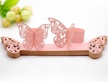 100pcs 3D New Butterfly Paper Napkin Rings Weddings Party Serviette Table Decoration Restaurant (Pink)