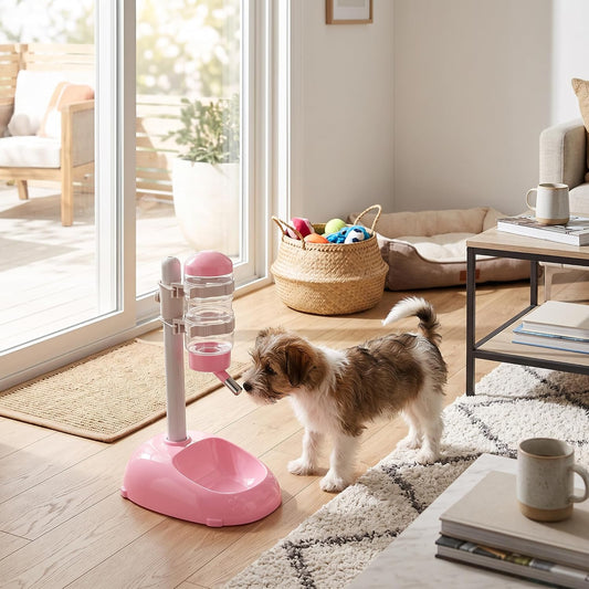 Automatic Standing Water Dispenser Bowl, Pet Adjustable Height Feeder for Water 500ml Capacity Standing Water Feeder with Detachable Bottles Ideal for Dogs Cats (Pink)