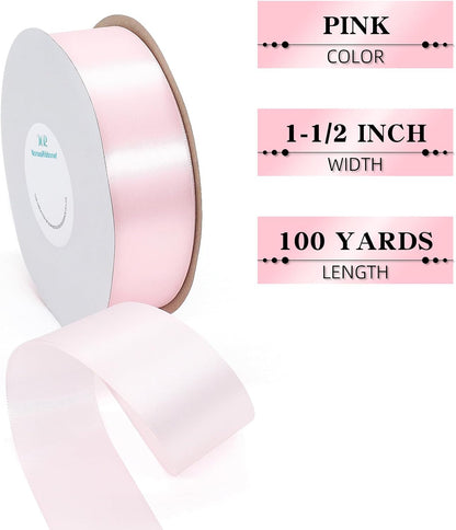 1-1/2 Inch x 100 Yards Pink Satin Ribbon for Gift Wrapping, Wedding Bows, Valentine's Day Decor, Crafts & Christmas Decorations
