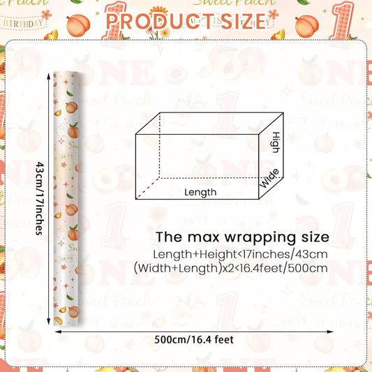 Peach 1st Birthday Wrapping Paper Roll for Girls, Peach Sweet Age One Gift Wrap Paper, Pink Fruit 1 Year Old Gift Art Packing Paper for Baby Shower First Birthday Party, 17Inch x 16.5Feet
