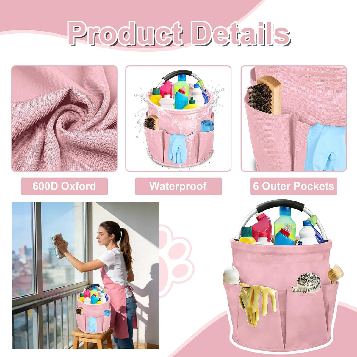 Pink Cleaning Caddy Bag 17L Foldable Organizer Handle