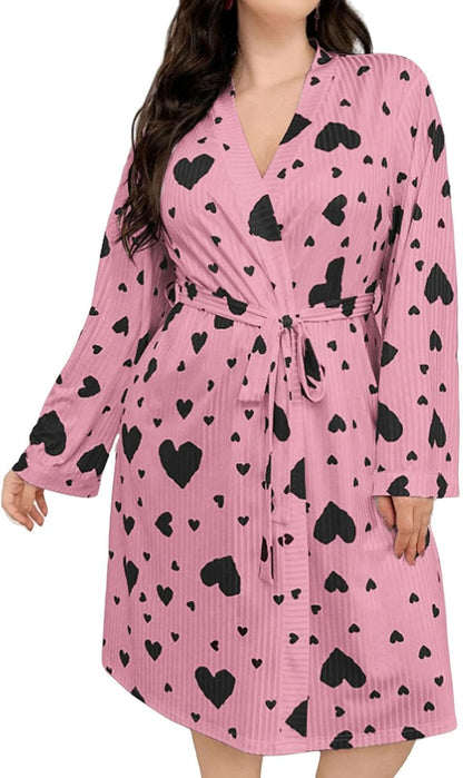 Womens Fleece Plush Robe Heart Printed Fluffy Fuzzy Pajamas Cozy Warm Bathrobe Mid Length Shower Spa Housecoat