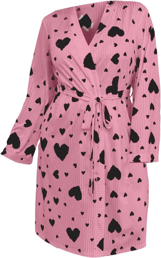 Womens Fleece Plush Robe Heart Printed Fluffy Fuzzy Pajamas Cozy Warm Bathrobe Mid Length Shower Spa Housecoat