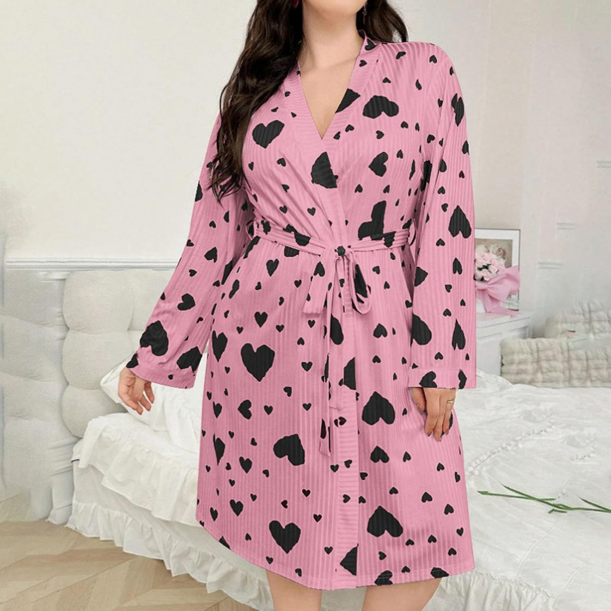 Womens Fleece Plush Robe Heart Printed Fluffy Fuzzy Pajamas Cozy Warm Bathrobe Mid Length Shower Spa Housecoat