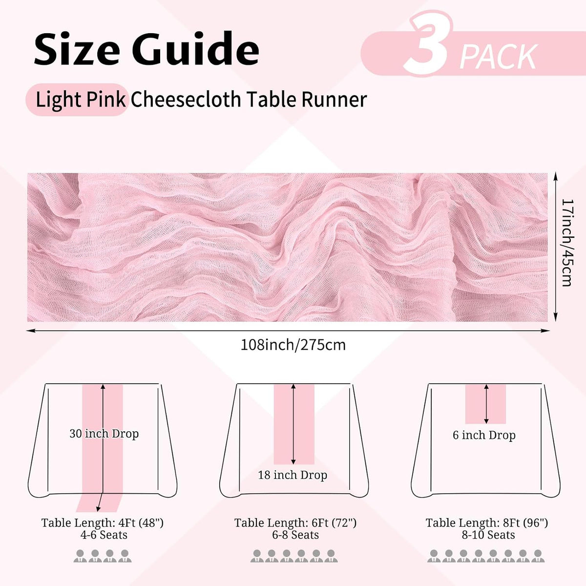3 Pack Light Pink Table Runner 17x108 Inch Cheesecloth Table Runner Boho Gauze Table Runners Romantic Rustic Sheer Fabric Cheese Cloth Table Runners for Wedding Party Baby Shower Birthday Home Decor