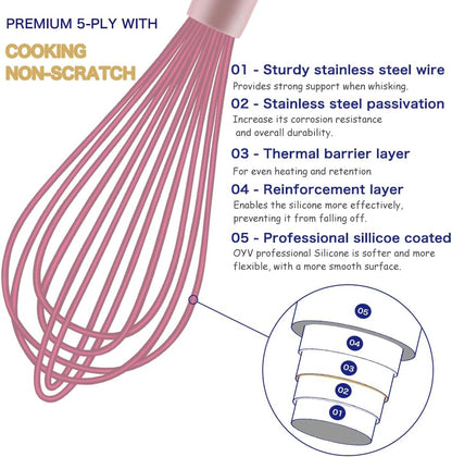 Dishwasher Safe Silicone Whisk, 12-Inch, Non-Scratch, Pink