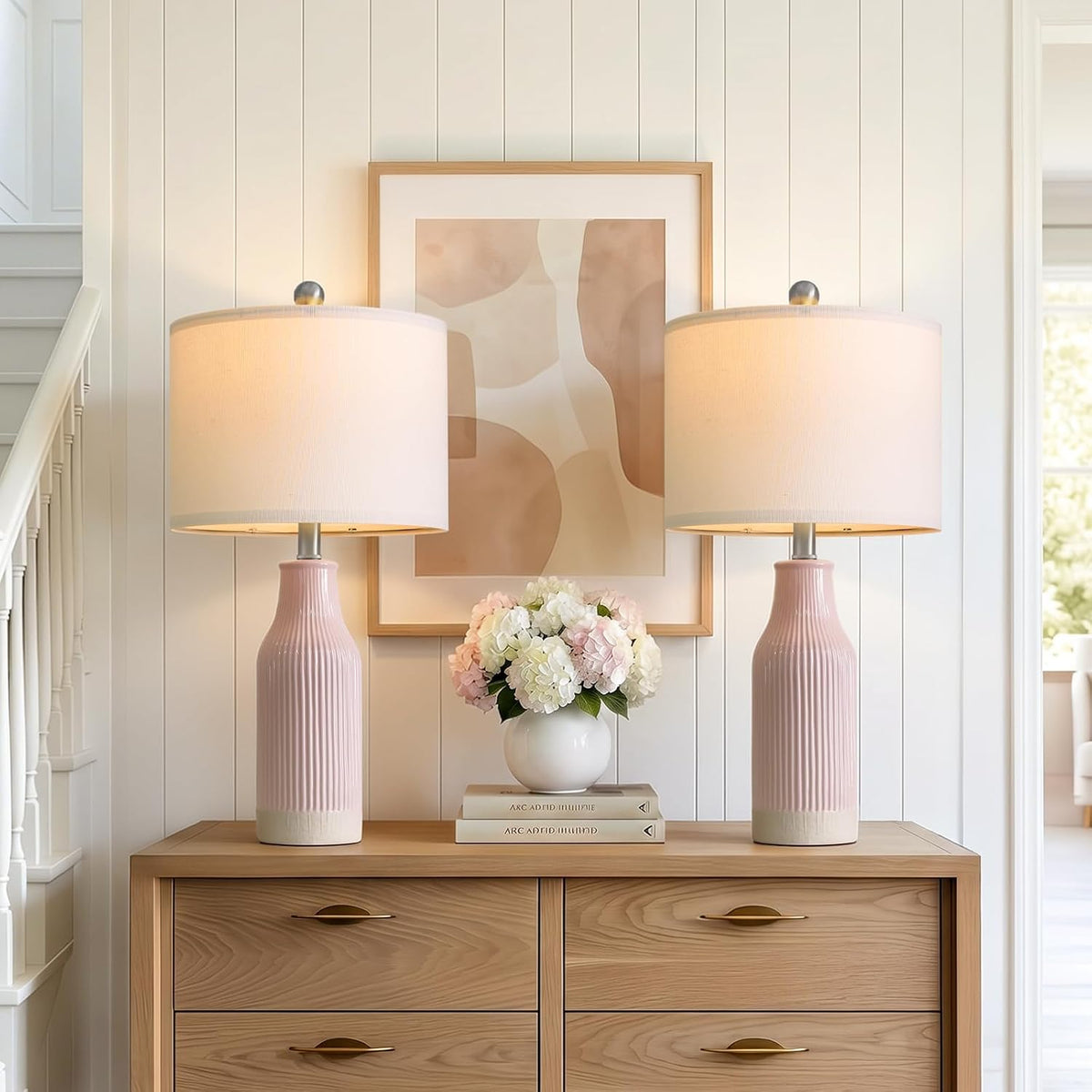 23.75inch Pink Modern Ceramic Bedside Lamp Set of 2 with 5FT Cord for Bedroom Decor Farmhouse Table Lamp for Living Room Office Dorm