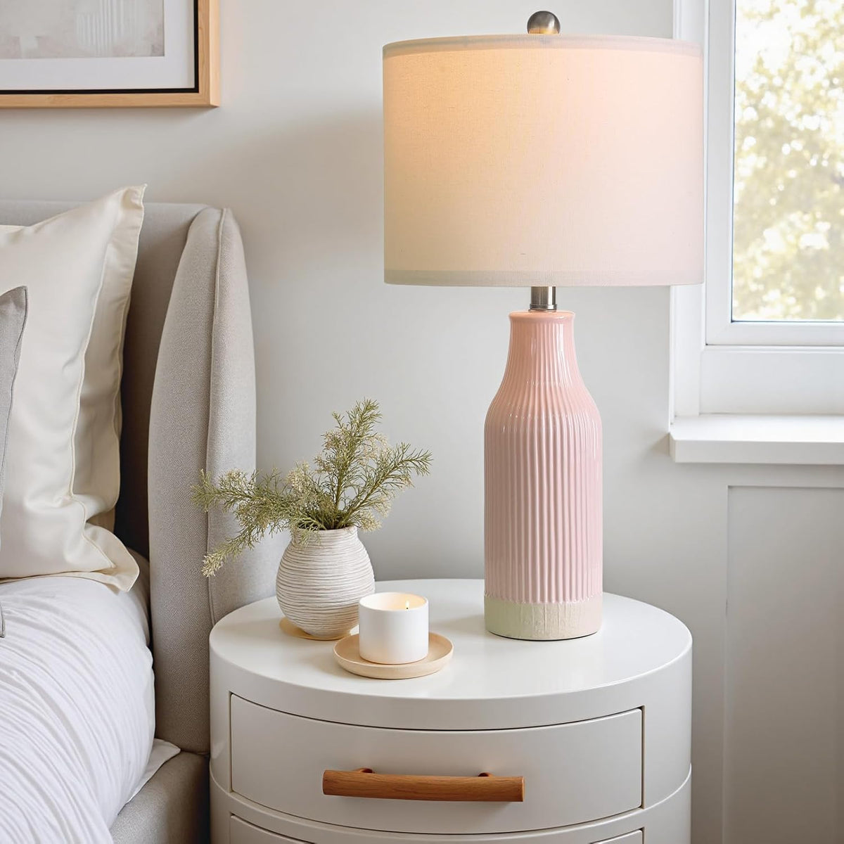 23.75inch Pink Modern Ceramic Bedside Lamp Set of 2 with 5FT Cord for Bedroom Decor Farmhouse Table Lamp for Living Room Office Dorm