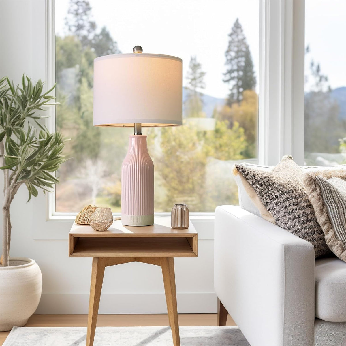 23.75inch Pink Modern Ceramic Bedside Lamp Set of 2 with 5FT Cord for Bedroom Decor Farmhouse Table Lamp for Living Room Office Dorm