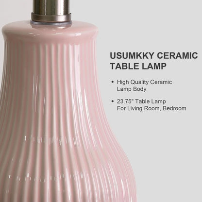 23.75inch Pink Modern Ceramic Bedside Lamp Set of 2 with 5FT Cord for Bedroom Decor Farmhouse Table Lamp for Living Room Office Dorm