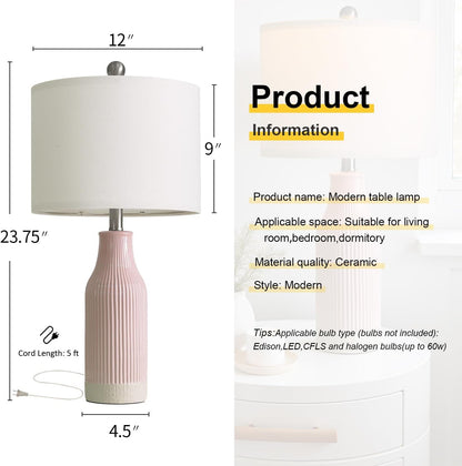 23.75inch Pink Modern Ceramic Bedside Lamp Set of 2 with 5FT Cord for Bedroom Decor Farmhouse Table Lamp for Living Room Office Dorm