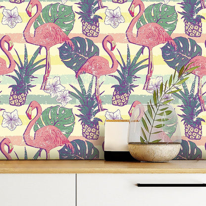 Flamingo Wallpaper Peel and Stick Pink Green Gold Self Adhesive Vintage Retro Tropical Wall Paper Floral Bird Leaf Pineapple Fruit 17.5x78.8" Removable Waterproof Contact Paper for Bathroom