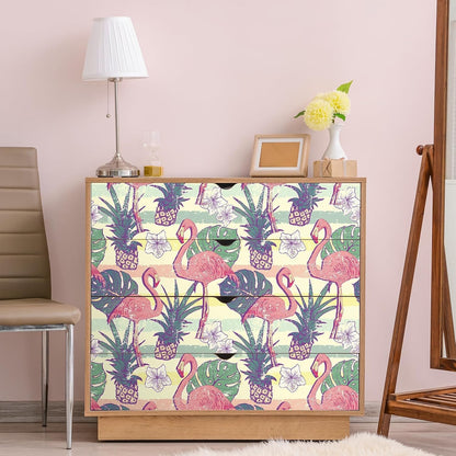 Flamingo Wallpaper Peel and Stick Pink Green Gold Self Adhesive Vintage Retro Tropical Wall Paper Floral Bird Leaf Pineapple Fruit 17.5x78.8" Removable Waterproof Contact Paper for Bathroom