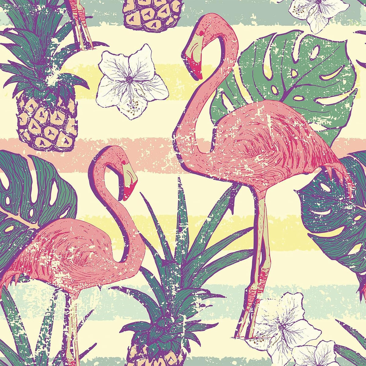 Flamingo Wallpaper Peel and Stick Pink Green Gold Self Adhesive Vintage Retro Tropical Wall Paper Floral Bird Leaf Pineapple Fruit 17.5x78.8" Removable Waterproof Contact Paper for Bathroom