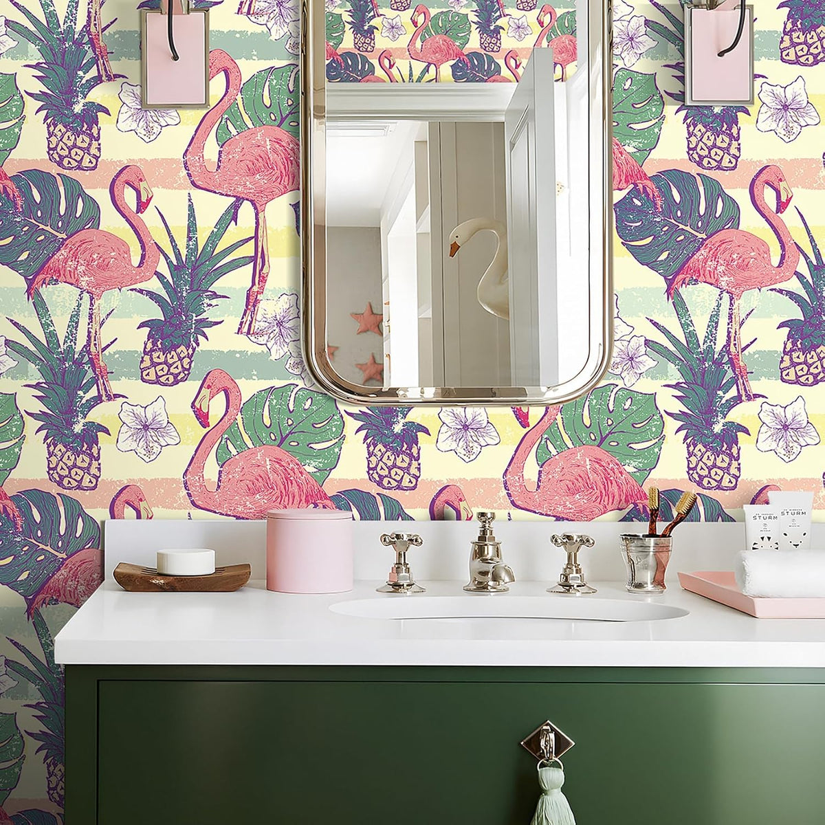 Flamingo Wallpaper Peel and Stick Pink Green Gold Self Adhesive Vintage Retro Tropical Wall Paper Floral Bird Leaf Pineapple Fruit 17.5x78.8" Removable Waterproof Contact Paper for Bathroom