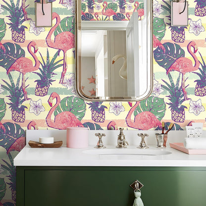 Flamingo Wallpaper Peel and Stick Pink Green Gold Self Adhesive Vintage Retro Tropical Wall Paper Floral Bird Leaf Pineapple Fruit 17.5x78.8" Removable Waterproof Contact Paper for Bathroom