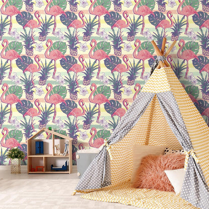 Flamingo Wallpaper Peel and Stick Pink Green Gold Self Adhesive Vintage Retro Tropical Wall Paper Floral Bird Leaf Pineapple Fruit 17.5x78.8" Removable Waterproof Contact Paper for Bathroom