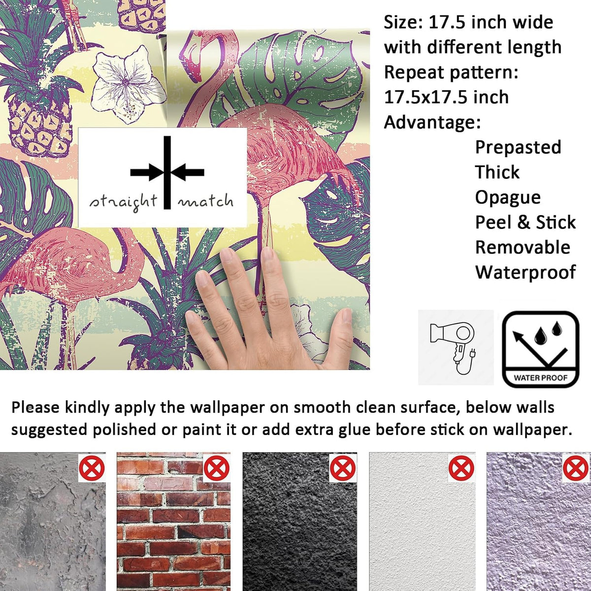 Flamingo Wallpaper Peel and Stick Pink Green Gold Self Adhesive Vintage Retro Tropical Wall Paper Floral Bird Leaf Pineapple Fruit 17.5x78.8" Removable Waterproof Contact Paper for Bathroom