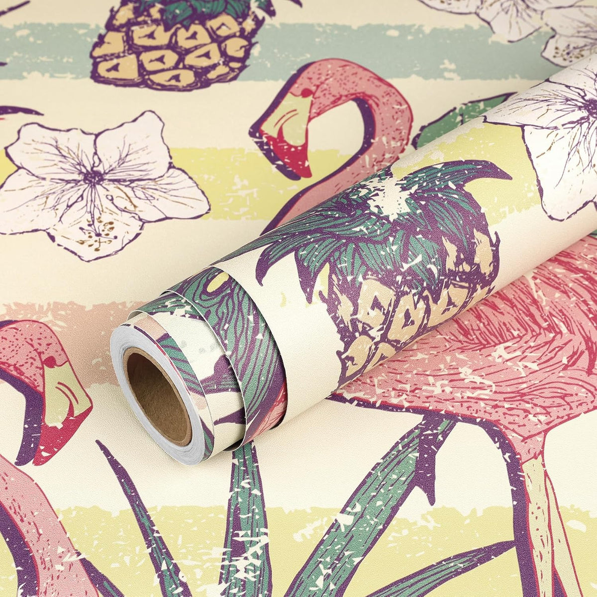 Flamingo Wallpaper Peel and Stick Pink Green Gold Self Adhesive Vintage Retro Tropical Wall Paper Floral Bird Leaf Pineapple Fruit 17.5x78.8" Removable Waterproof Contact Paper for Bathroom
