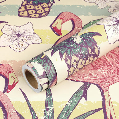 Flamingo Wallpaper Peel and Stick Pink Green Gold Self Adhesive Vintage Retro Tropical Wall Paper Floral Bird Leaf Pineapple Fruit 17.5x78.8" Removable Waterproof Contact Paper for Bathroom