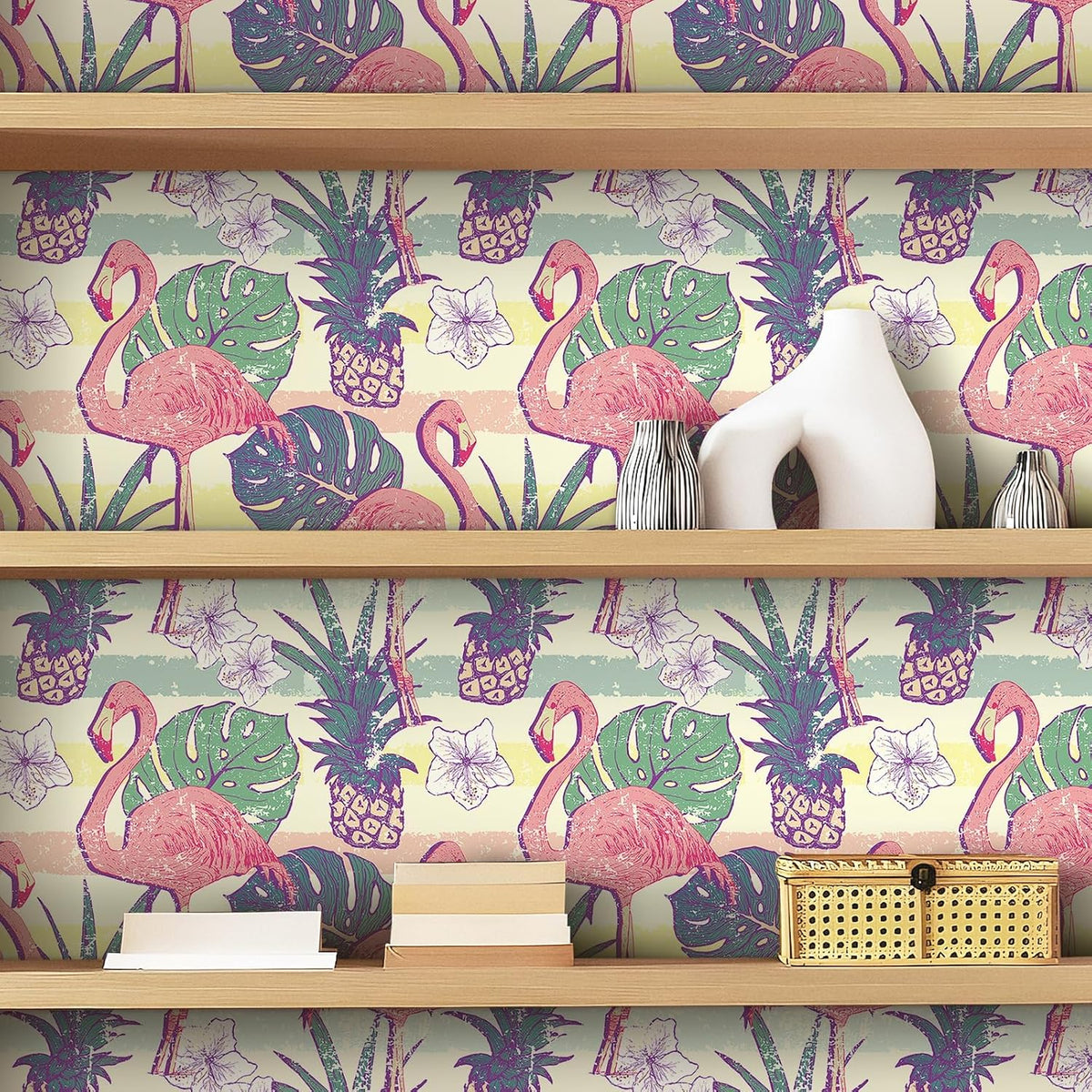 Flamingo Wallpaper Peel and Stick Pink Green Gold Self Adhesive Vintage Retro Tropical Wall Paper Floral Bird Leaf Pineapple Fruit 17.5x78.8" Removable Waterproof Contact Paper for Bathroom