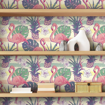 Flamingo Wallpaper Peel and Stick Pink Green Gold Self Adhesive Vintage Retro Tropical Wall Paper Floral Bird Leaf Pineapple Fruit 17.5x78.8" Removable Waterproof Contact Paper for Bathroom