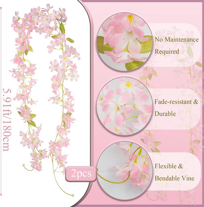 2Pcs Artificial Flowers Garland Faux Cherry Blossom Fake Flower Vines Pink