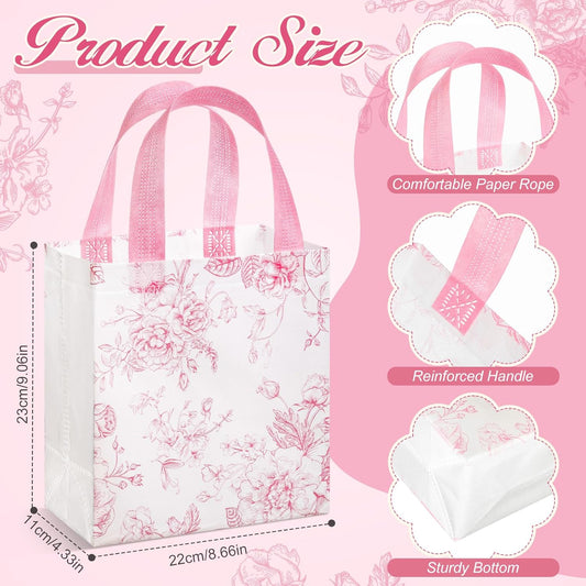 16 Pcs Pink Floral Gift Bags with Handles, Reusable Non-woven Tote Bags, Cute Flower Party Favor for Women, Wedding, Birthday, Baby Shower, Bridal Shower