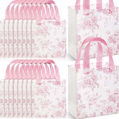 16 Pcs Pink Floral Gift Bags with Handles, Reusable Non-woven Tote Bags, Cute Flower Party Favor for Women, Wedding, Birthday, Baby Shower, Bridal Shower