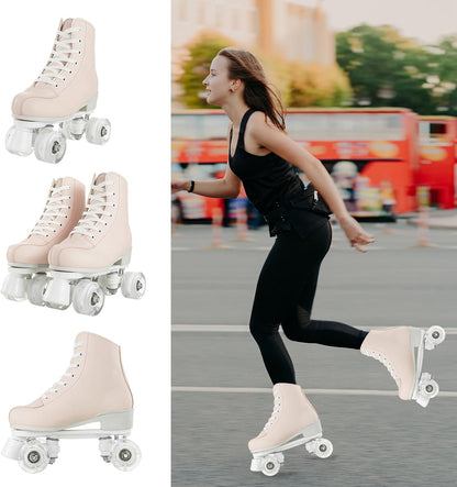 Roller Skates for Women and Men PU Leather High-top Adult Roller Derby Skate Wheels Light Up Roller Skate Four-Wheel Shiny Roller Skates Unisex
