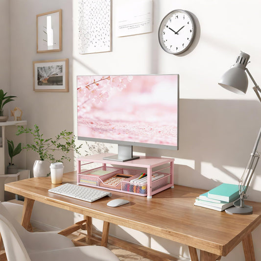 Small Pink Laptop Stand for Desk, Monitor Stand, Office Desk Accessories, Computer Desktop Stand with Drawer for Home, Office, School (Pink)
